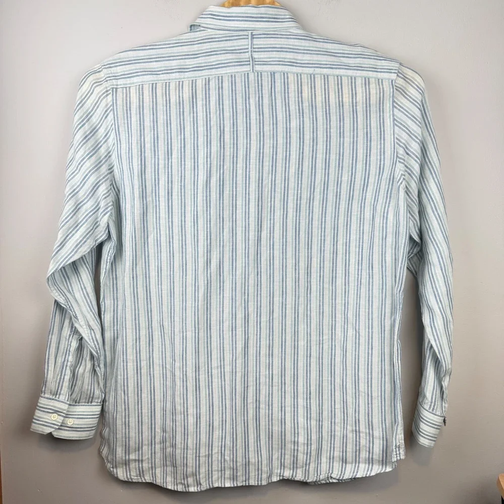 Banana Republic Mens Linen Button Down Shirt XL Blue Striped Coastal Nautical